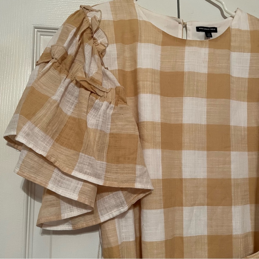 Dainty Gingham Puff Sleeve Who What Wear Women's M Dress Tan/White Midi Belt